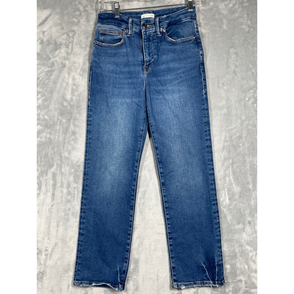 Good American Good Straight High Rise Jeans Indigo397 Raw Hem Size 6/28 GLS302T